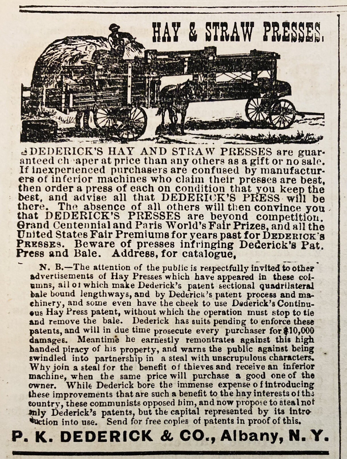 1880 AD.(XH72)~P.K. DEDERICK CO. ALBANY, NY. DEDERICK HAY & STRAW PRESS