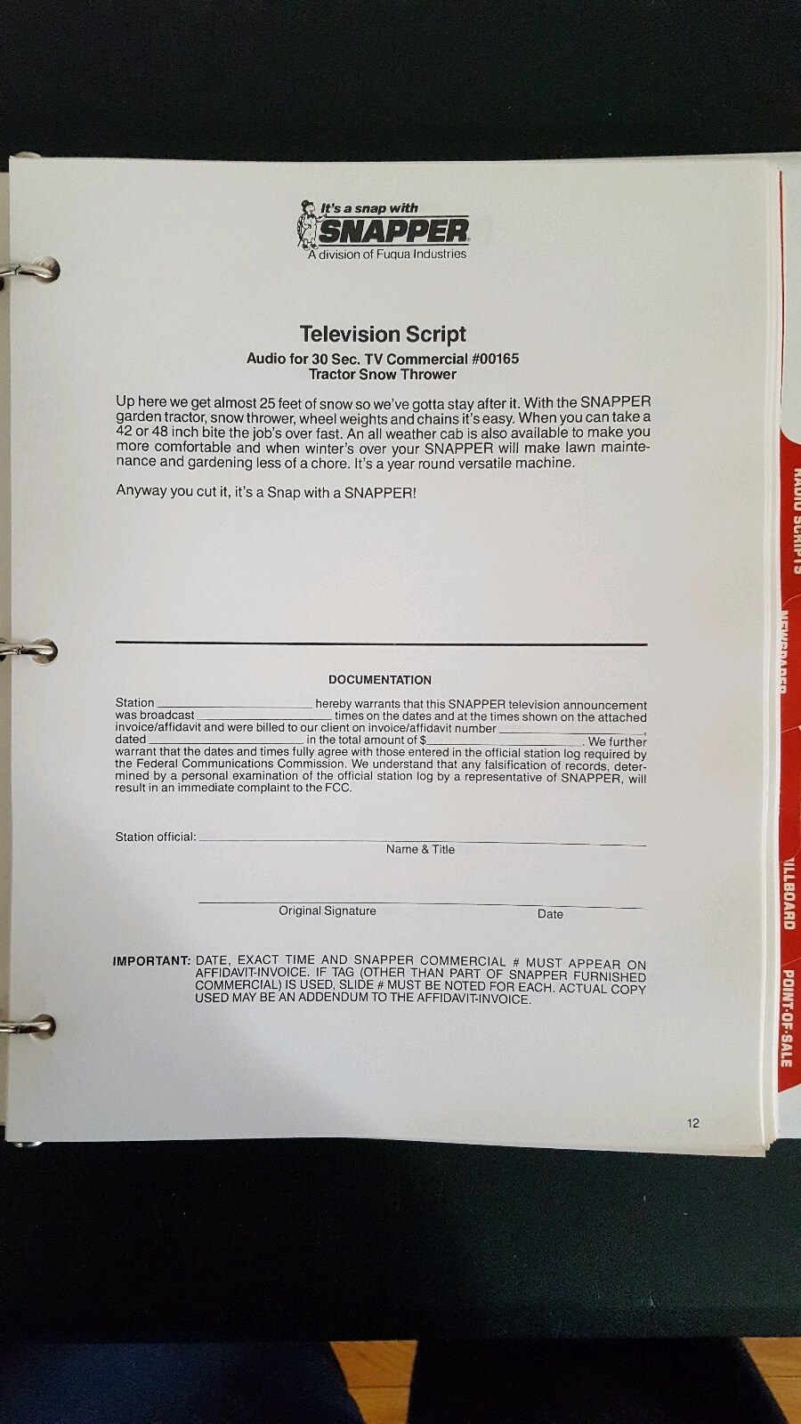1986 Snapper Advertising & Sales Promotion Planner for Dealer
