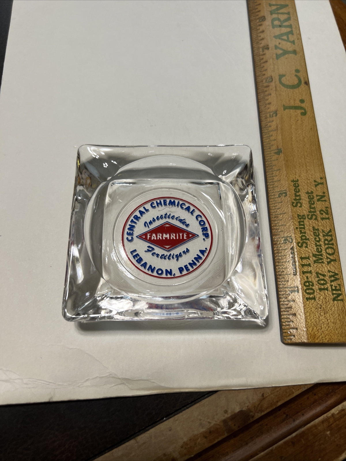 Vntg Glass Ashtray Farmrite Fertilizers Central Chemical Corp Lebanon Pa