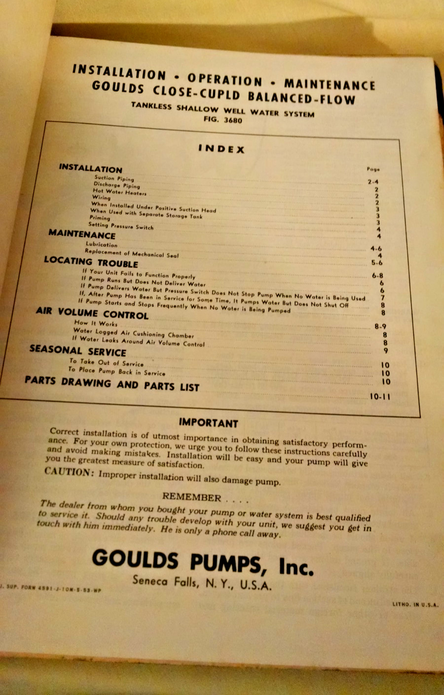 Goulds Service Manual Water Well Pump Home Farm 1940&rsquo;s 1950&rsquo;s Seneca Falls NY.