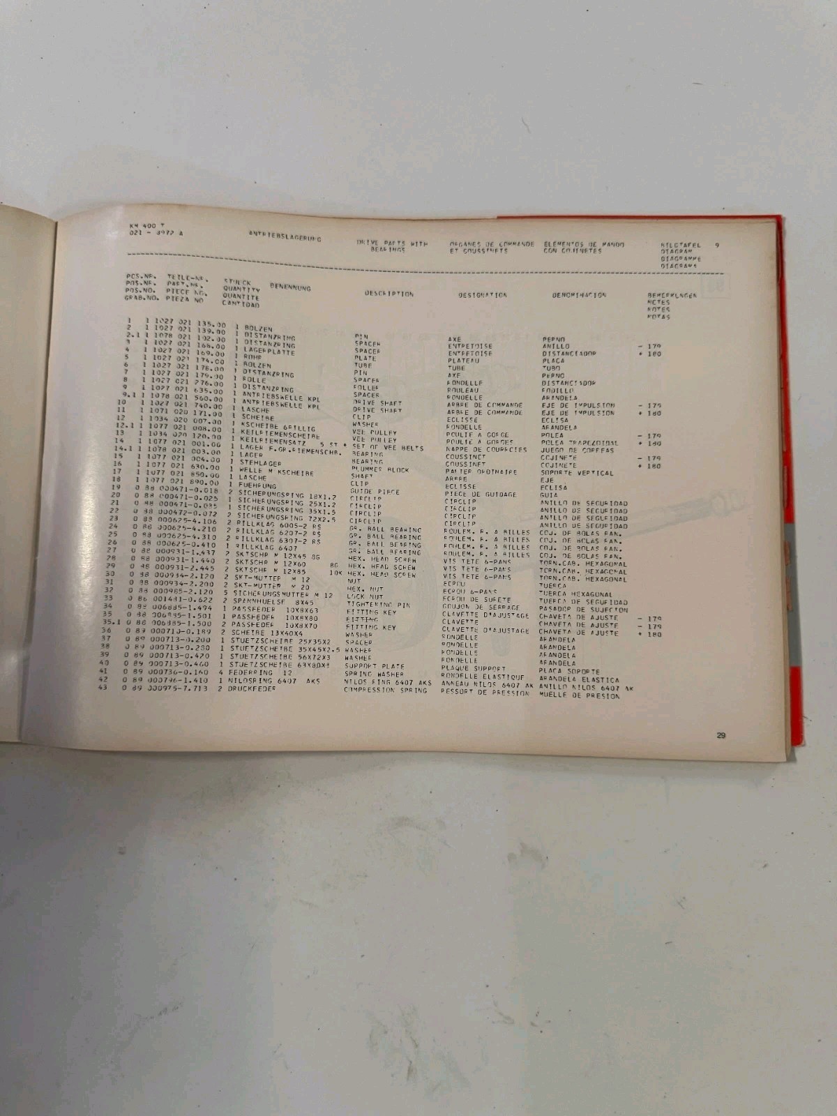 Deutz Fahr KM 400 T/ KM 400 TC Spare Parts List 1989