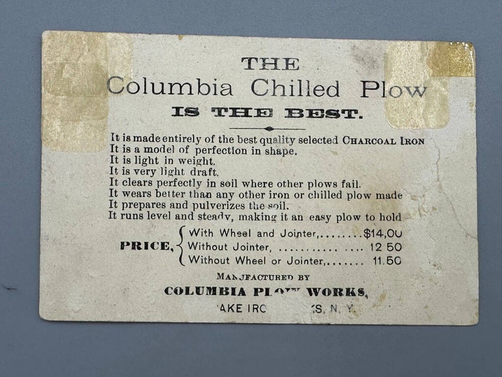 1880s COLUMBIA CHILLED PLOW Monkey FARM Advertise Trade Card COPAKE IRON WORK NY