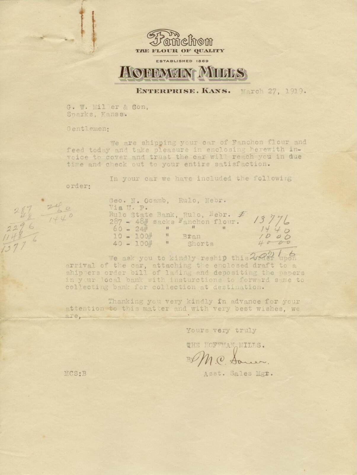 1919 Enterprise Kansas Hoffman Mills letterheads and notices – Fanchon Flour