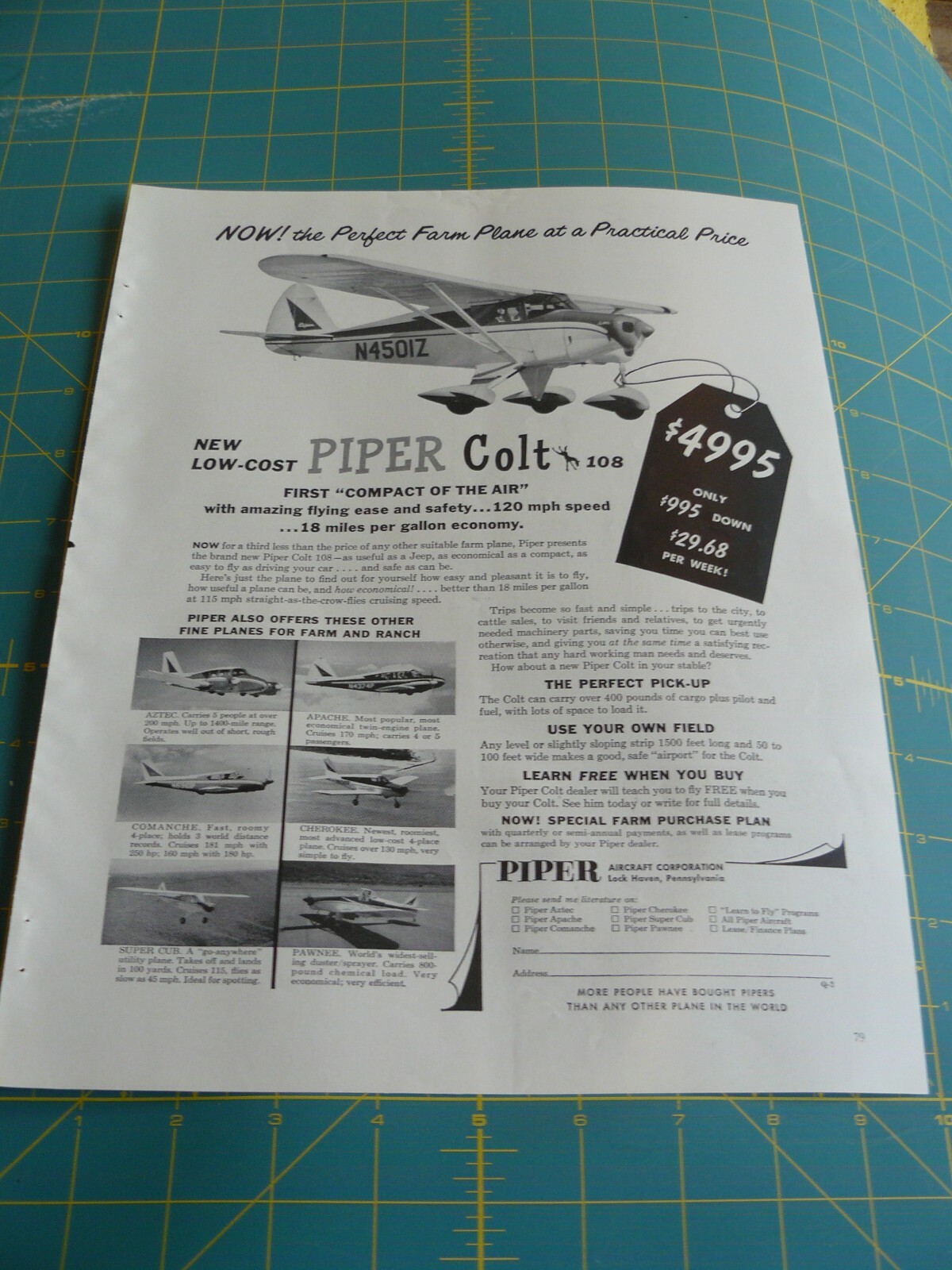 THE FARM QRTLY- SUMMER 1961 – ad – PIPER COLT 108 PLANE 18 MPG / Lock Haven, PA
