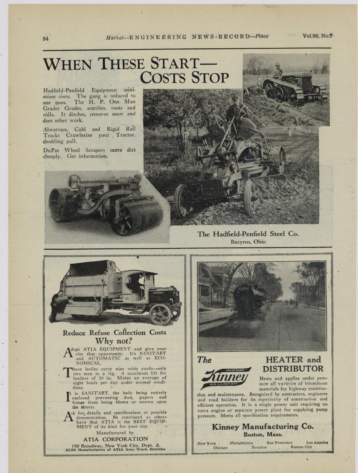 1927 Hadfield Penfield Steel Co. Ad: One Man Grader, DuPat Scraper, Bucyrus OhiO