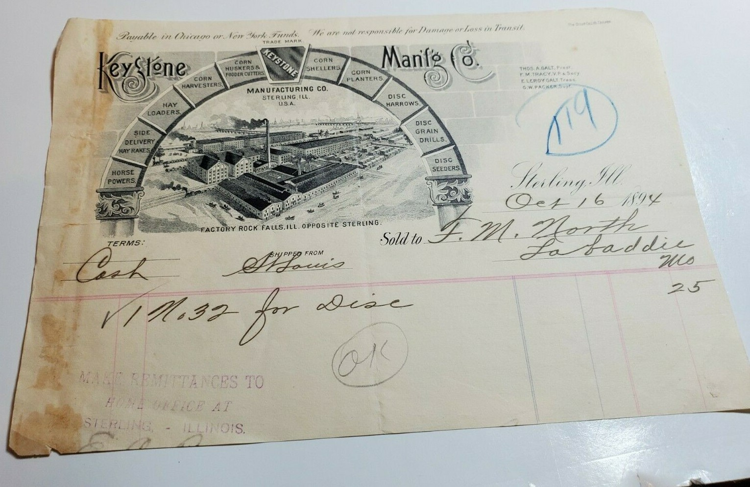 FARM IMPLEMENTS LETTERHEAD BILLHEAD 1894. KEYSTONE MANUFACTURING CO