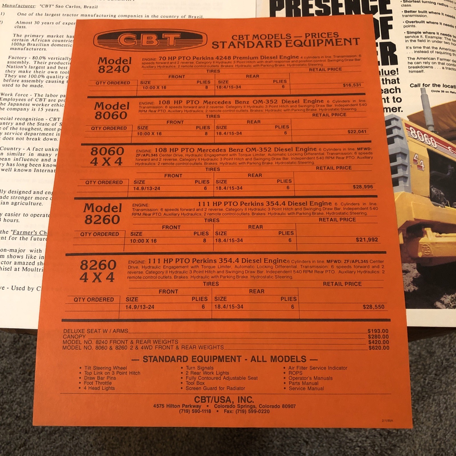 1989 Dealer CBT 8240 8060 8260 Tractor Sales Brochure Spec Sheet Literature