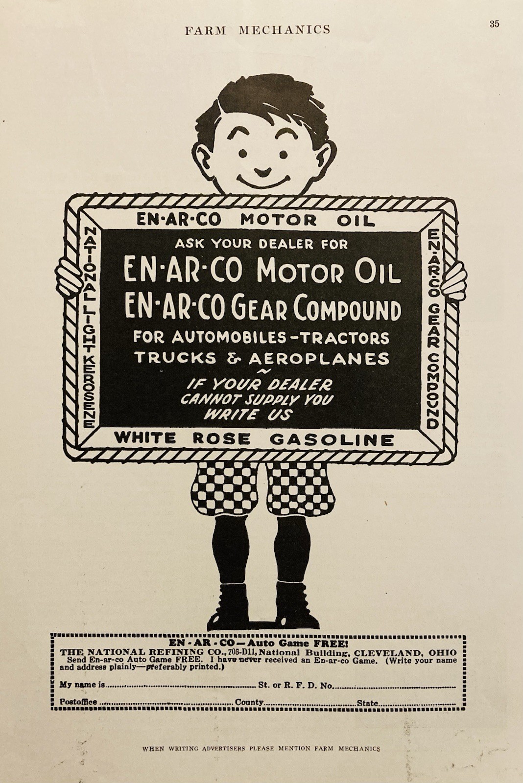 1924 AD.(XH82)~NATIONAL REFINING CO. CLEVELAND, O. EN•AR•CO. TRACTOR MOTOR OIL