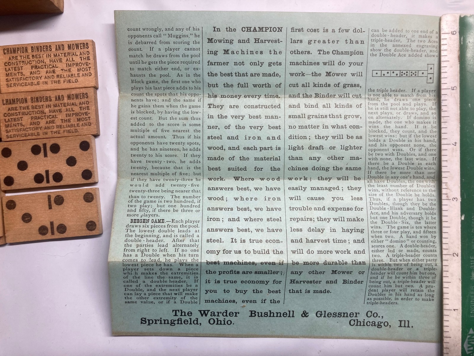 WARDER BUSHNELL & GLESSNER CHAMPION BINDER MOWER ADVERTISING PROMO DOMINOES SET