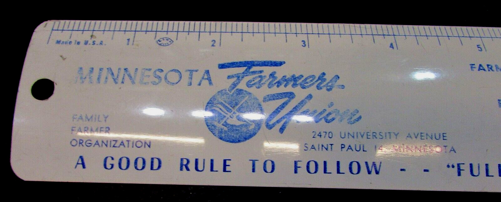 Vintage 1950&rsquo;s Minnesota Farmers Union Brand Names White Blue Metal 12&Prime; Ruler