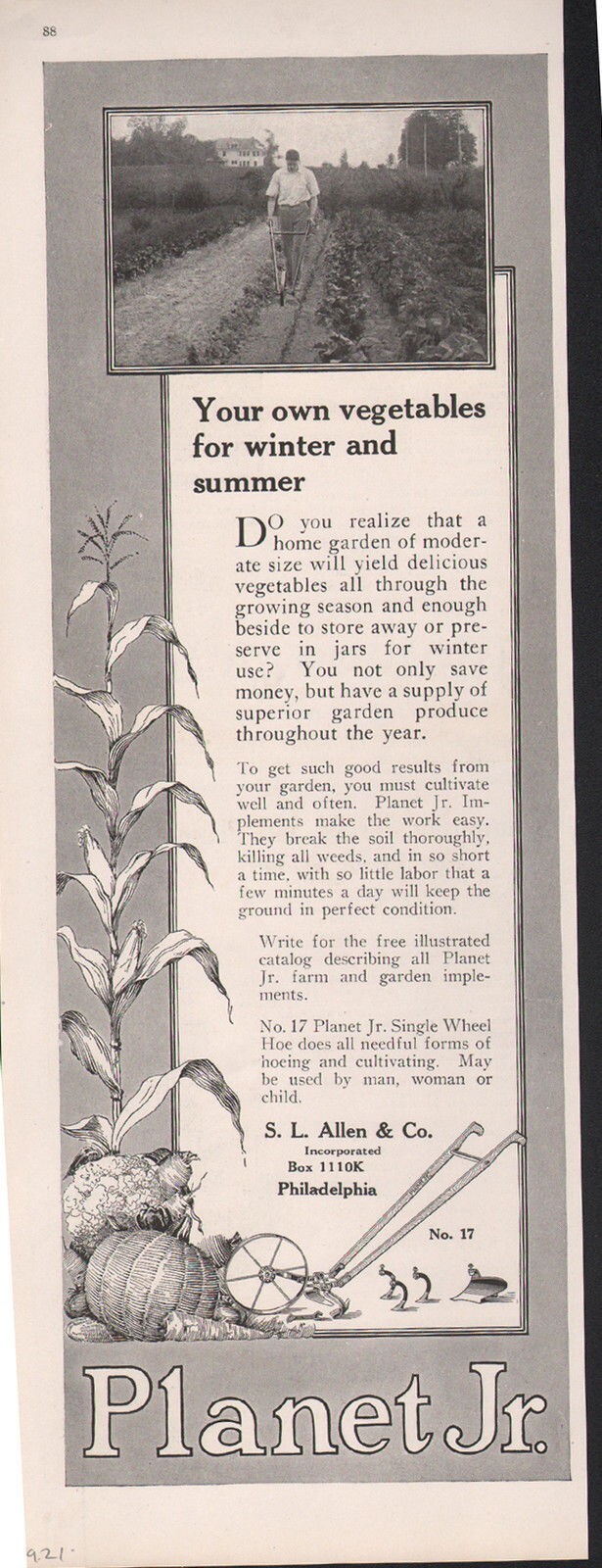1921 ALLEN PLANET JR SEED CULTIVATE PLOW TILL SOW GARDEN HOE SEED 20210