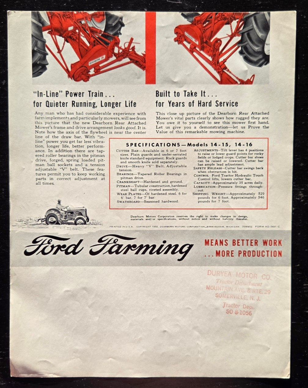 1950 FORD TRACTOR DEARBORN FARM EQUIPMENT REAR ATTACHED MOWER ADVERTISEMENT