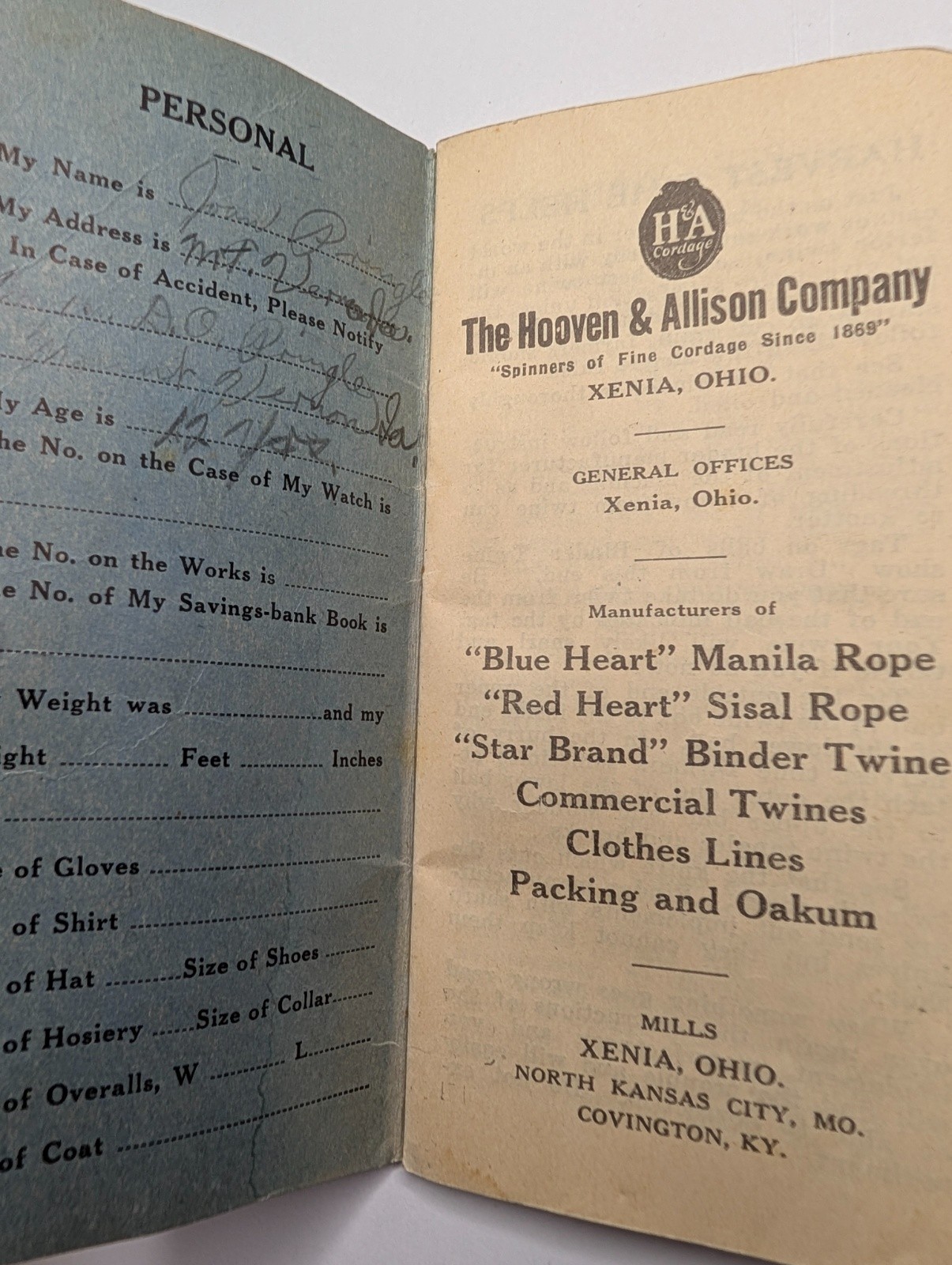 c1920s Xenia Ohio Allison & Cordage Pocket Notepad Hooven Rope Book Vtg Memo 1K