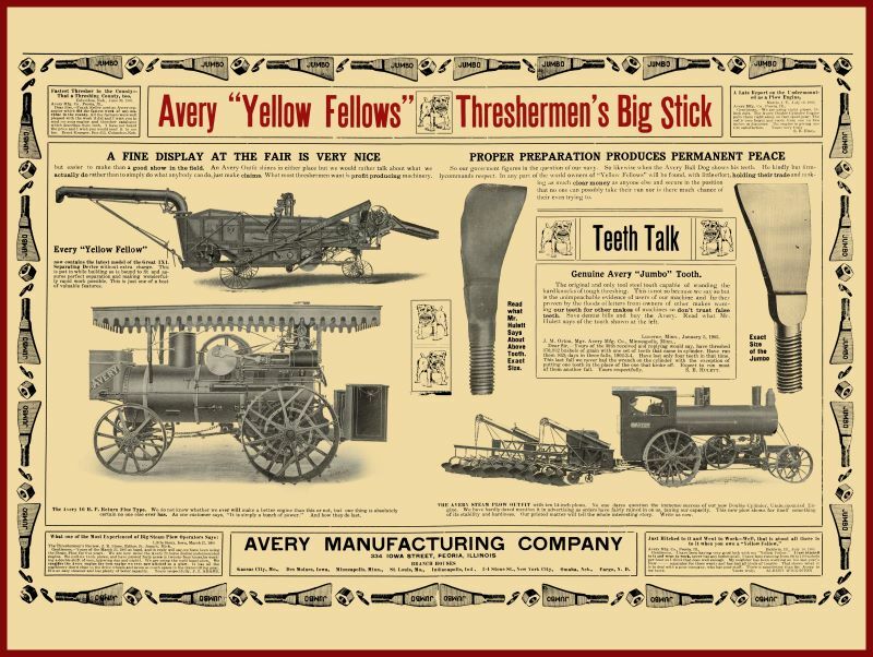 1905 Avery Mfg. Co. NEW Metal Sign: Yellow Fellow & Big Stick Threshing Outfit