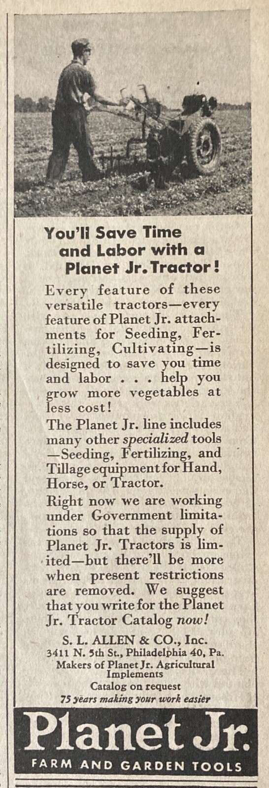 1945 AD.(XF20)~S.L. ALLEN CO. PHIL., PA. PLANET JR. GARDEN FARM TRACTOR