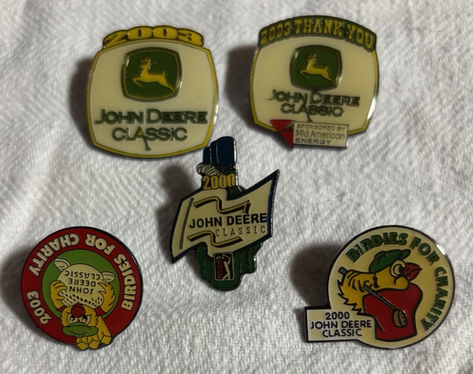 John Deere Theme vintage Lapel Pins. 2 Sets of 5 different. Lot Of 10 Total Pins