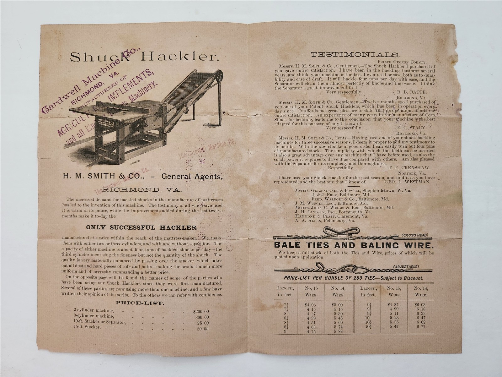 1890s antique H.M SMITH & Co richmond va AGRICULTURAL MACHINERY shuck hackler AD
