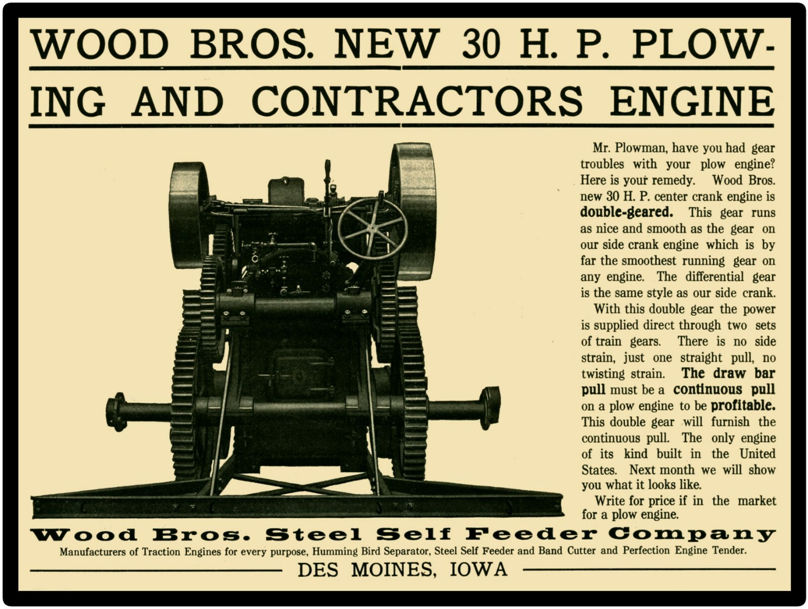 Wood Brothers Steel Self Feeding Co. 1910 Repro Metal Sign: 30HP Plowing Engine
