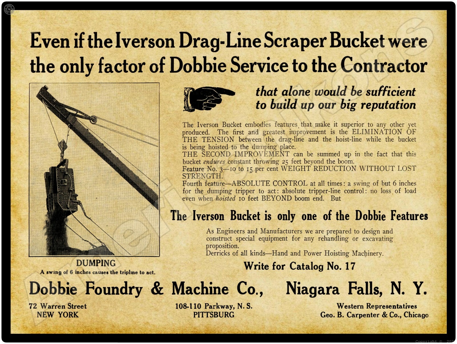 1913 Dobbie Foundry & Machine Co. New Metal Sign: Iverson Bucket – Niagara Falls