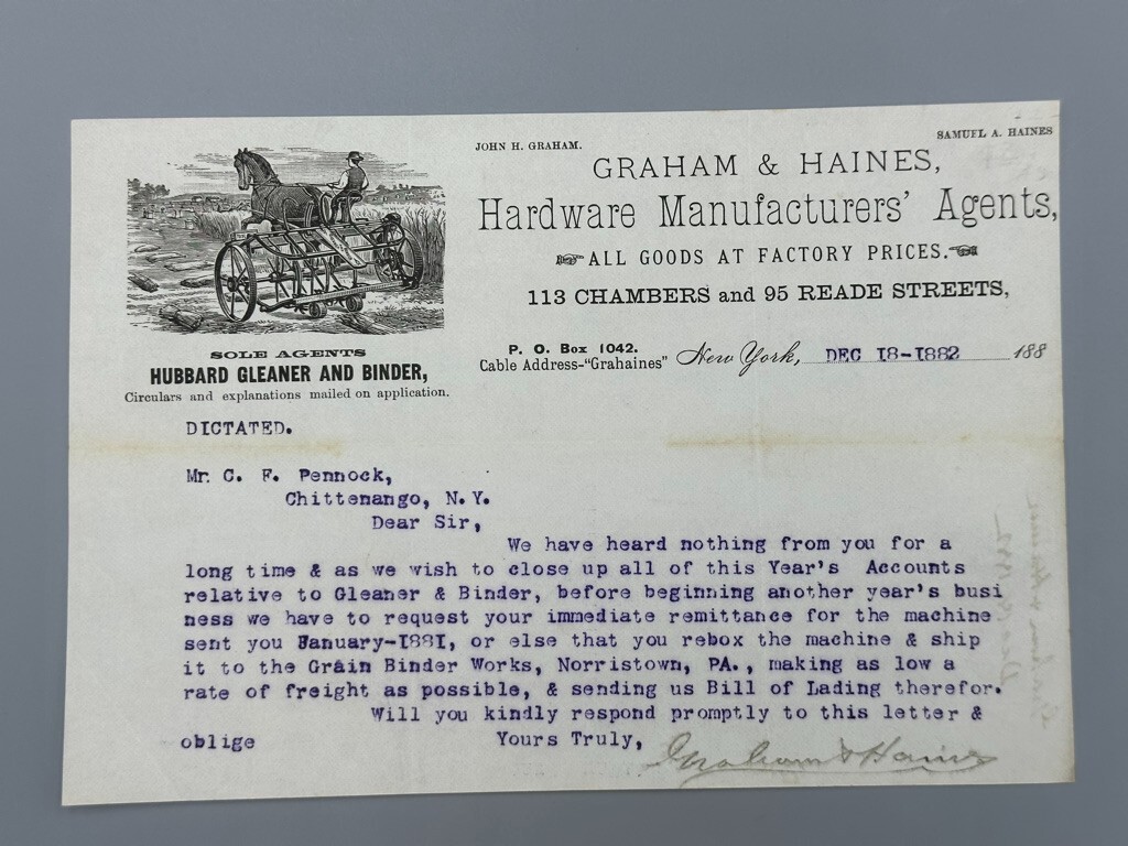 1882 HUBBARD GLEANER BINDER Graham Haines FARM Machinery Advertising Letterhead