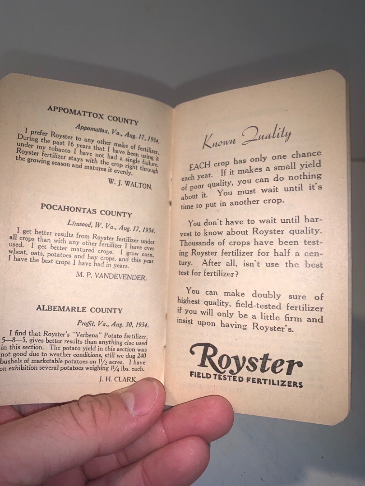 F.S. ROYSTER GUANO COMPANY (Norfolk Virginia) vintage 1935/36 Pocket Notebook