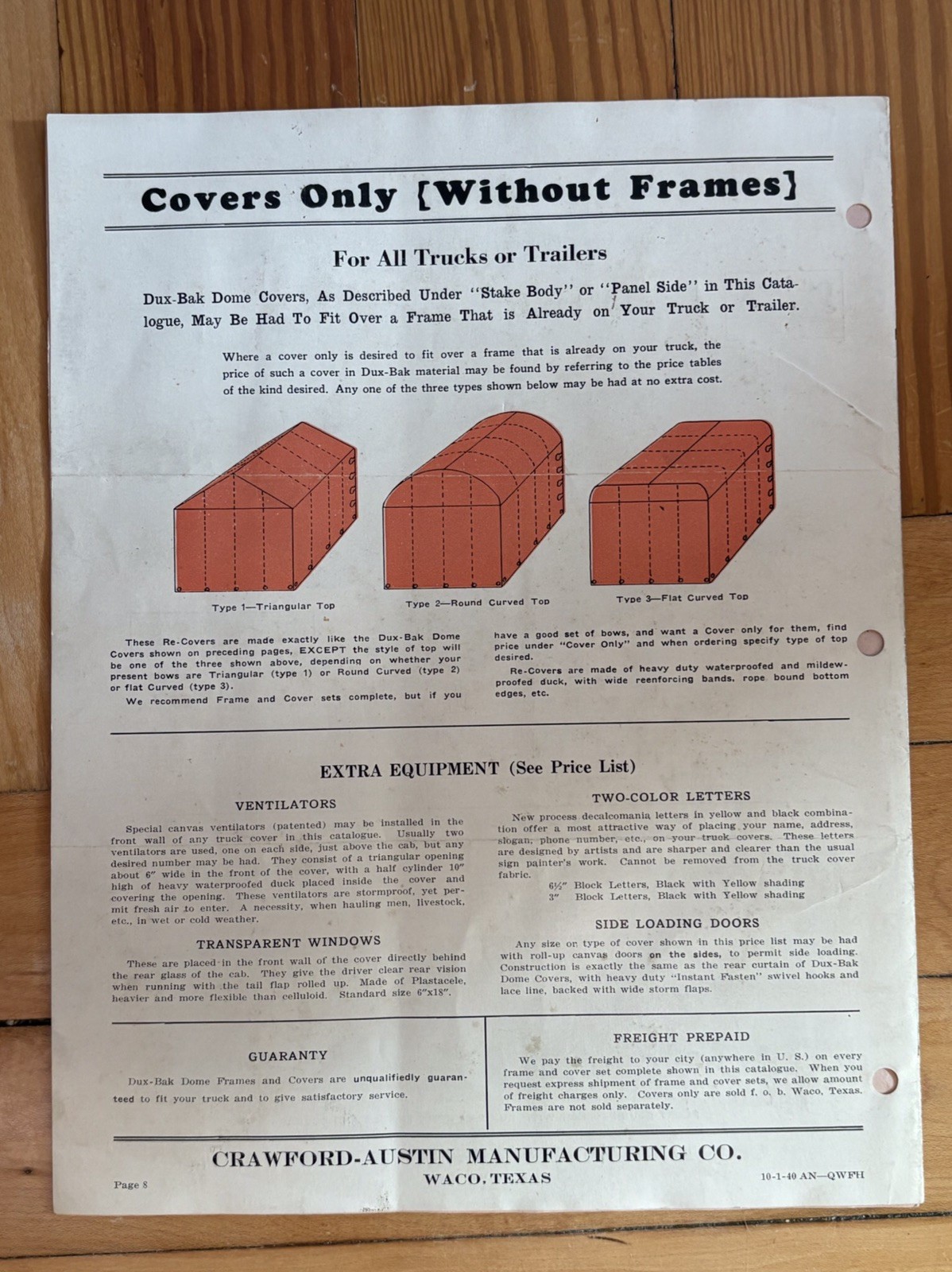 Vintage 1940 Crawford Austin Dux-Bak Dome Truck Cover Sales Brochure Advertising
