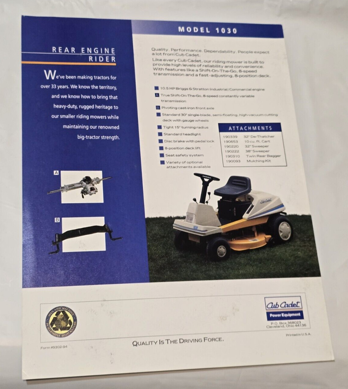 1994 Cub Cadet Ad Brochure Riding Mower Lawn Tractor Equipment Specs