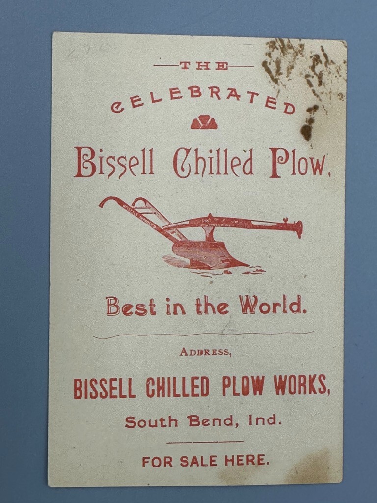 1880s BISSELL PLOW WORK Advertise FARM Trade Cards SOUTH BEND Indiana BANK BUST