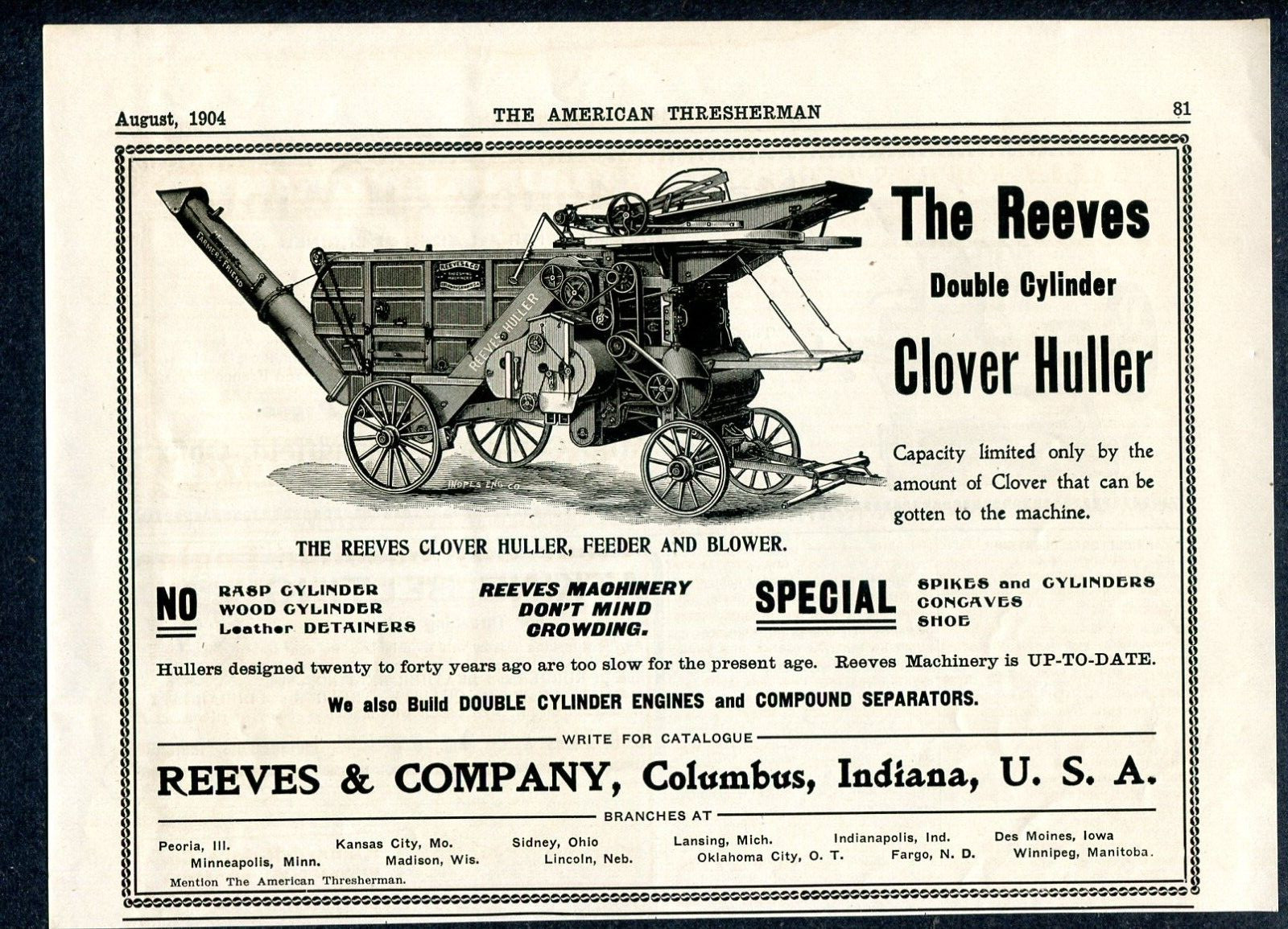 1904 Reeves Clover Huller, Feeder and Blower Mag. Ad REEVES & Co –Columbus, In