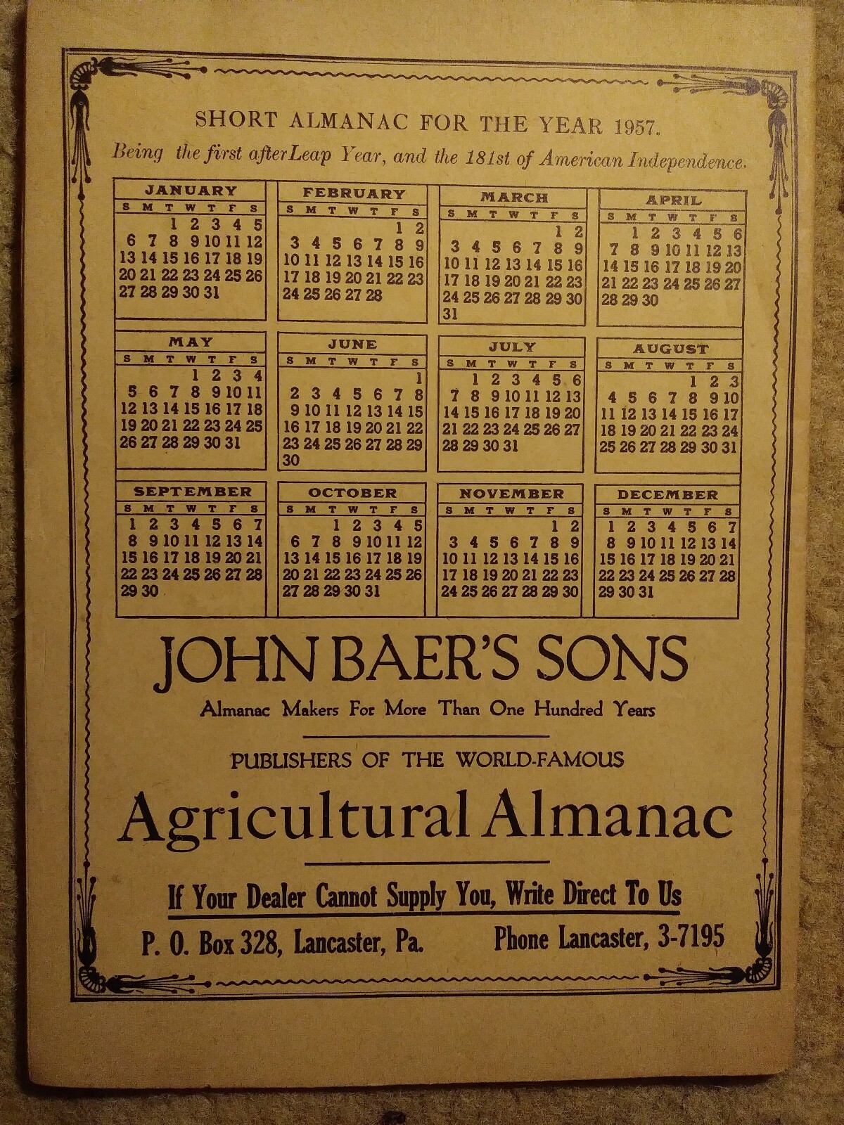 Agricultural Almanac Vol #132 1957 John Baers Sons Lancaster PA
