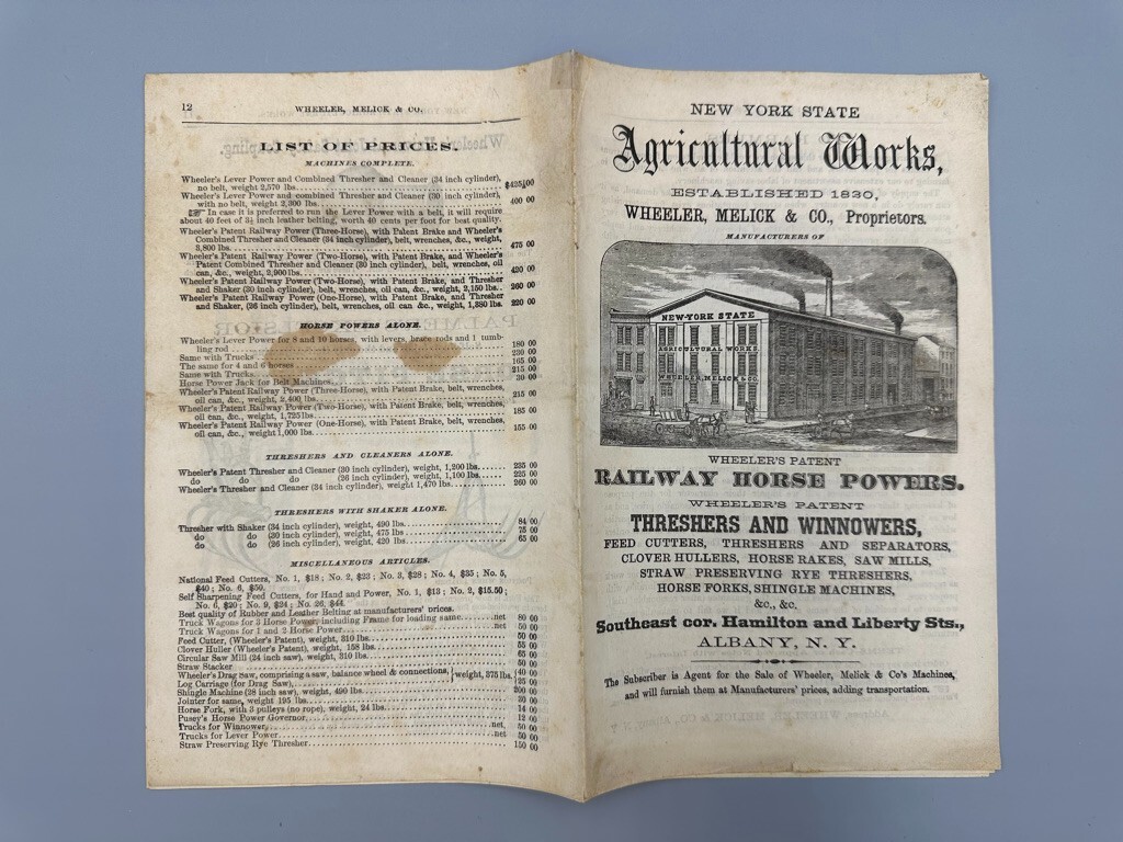 1870s NY AG WORKS Albany WHEELER MELICK Farm CHAMPION Horse THRESHER Advertising