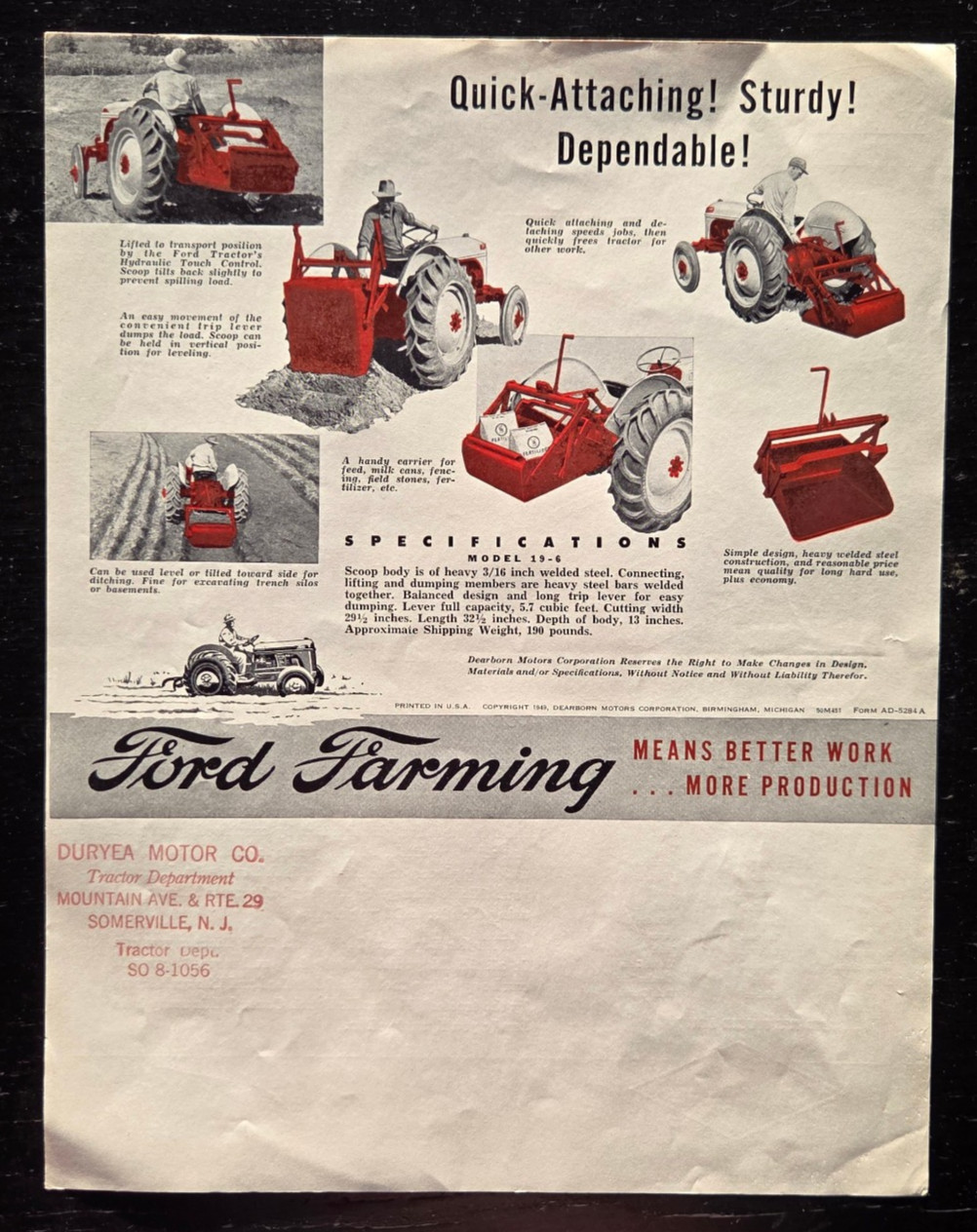 1949 FORD TRACTOR DEARBORN FARM EQUIPMENT LIFT TYPE SCOOP COLOR SALES SPEC SHEET