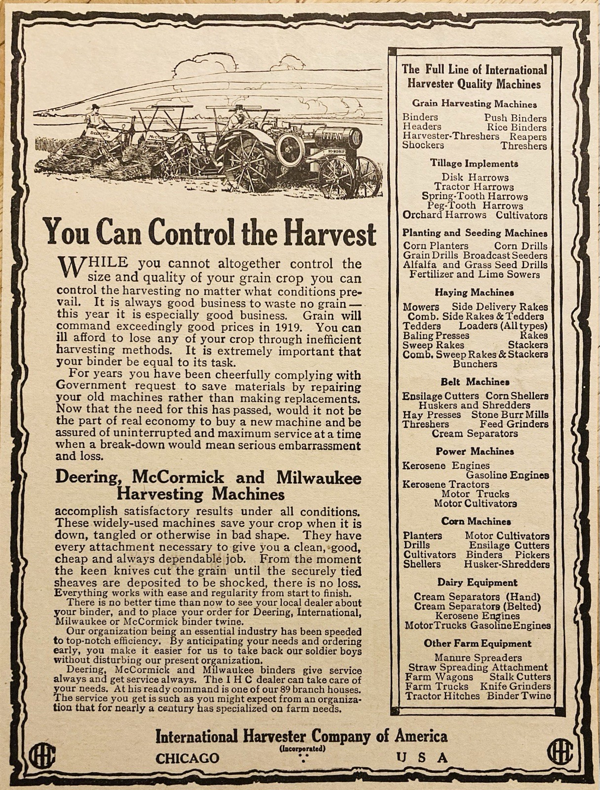 1918 AD.(XH85)~INTERNATIONAL HARVESTER CO. CHICAGO. DEERING, MCCORMICK MACHINES