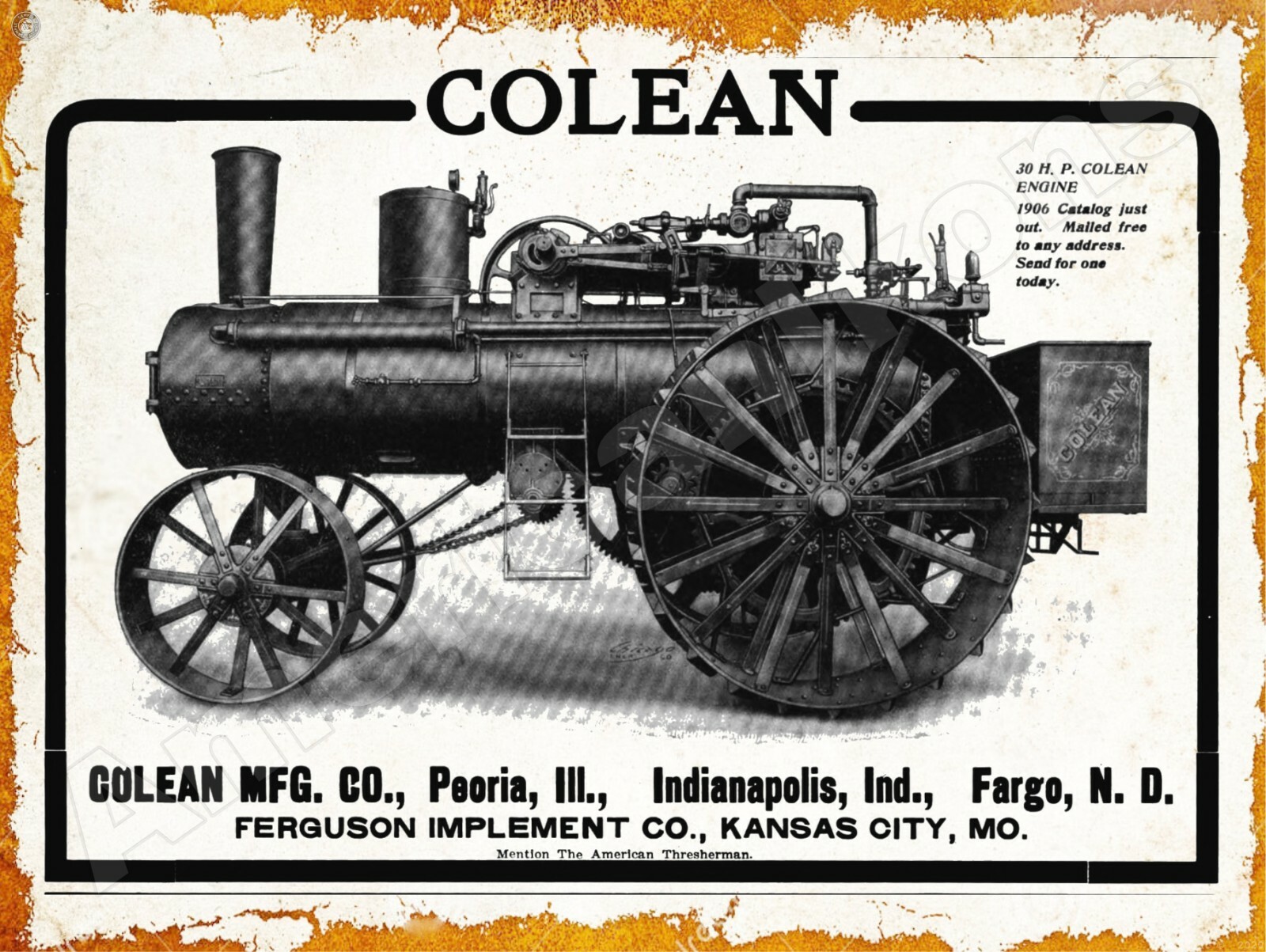 1906 Ferguson Implement Co. Colean Mfg. Engine New Metal Sign: 30 HP Model
