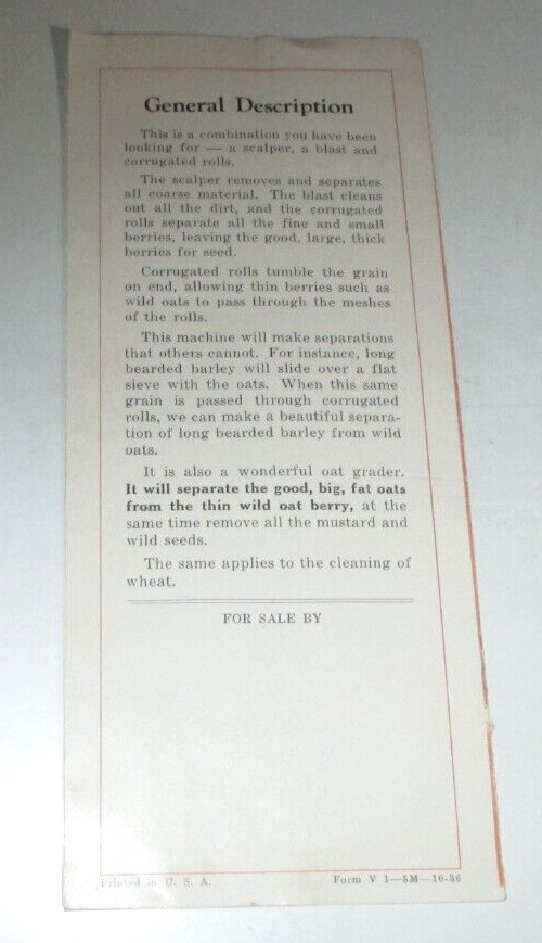 Viking V-2 & V-3 Grain Cleaner Sales Brochure Oct 1936 ORIGINAL!