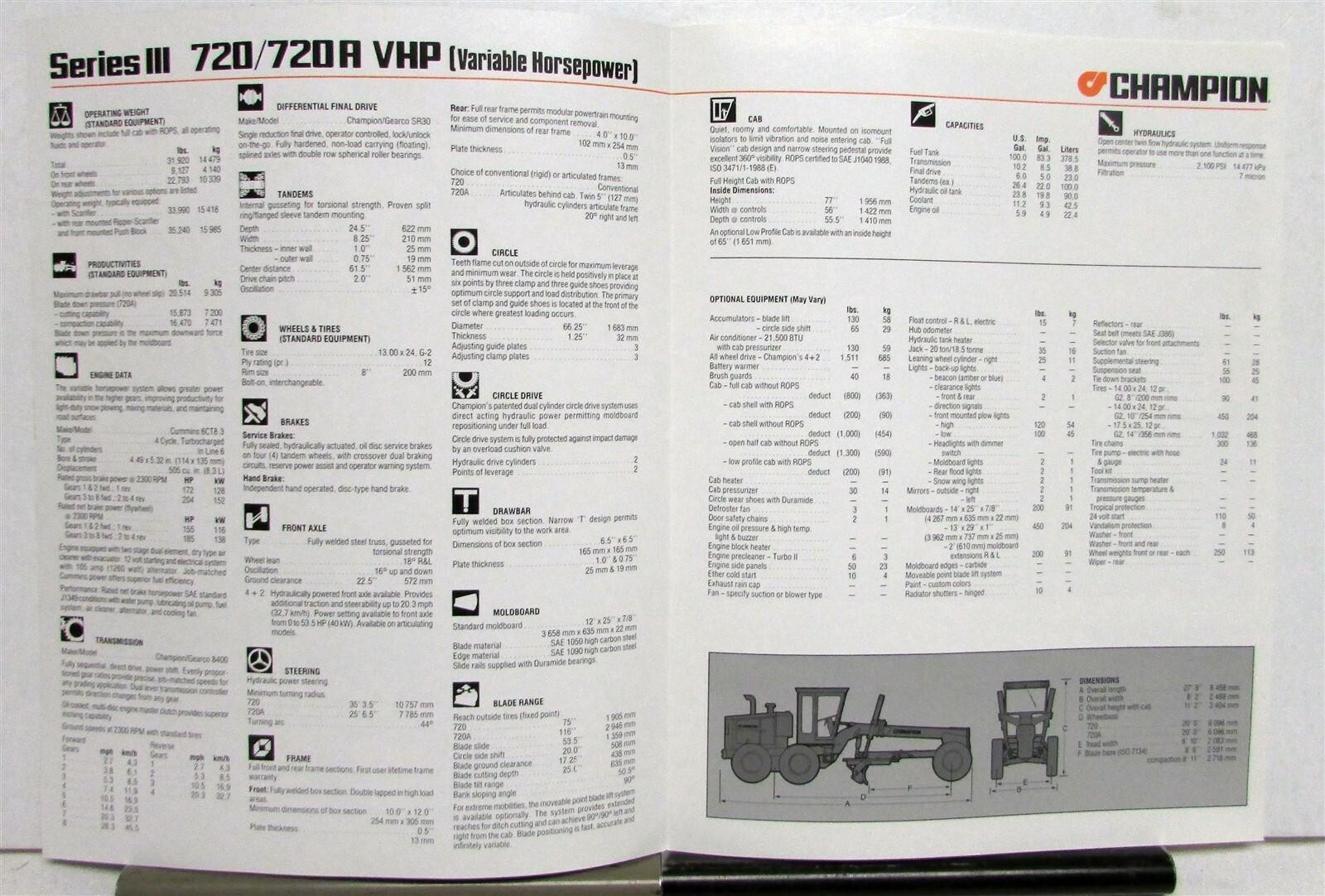 1991 Champion Series II 720 720A Road Motor Grader Construction Sales Brochure