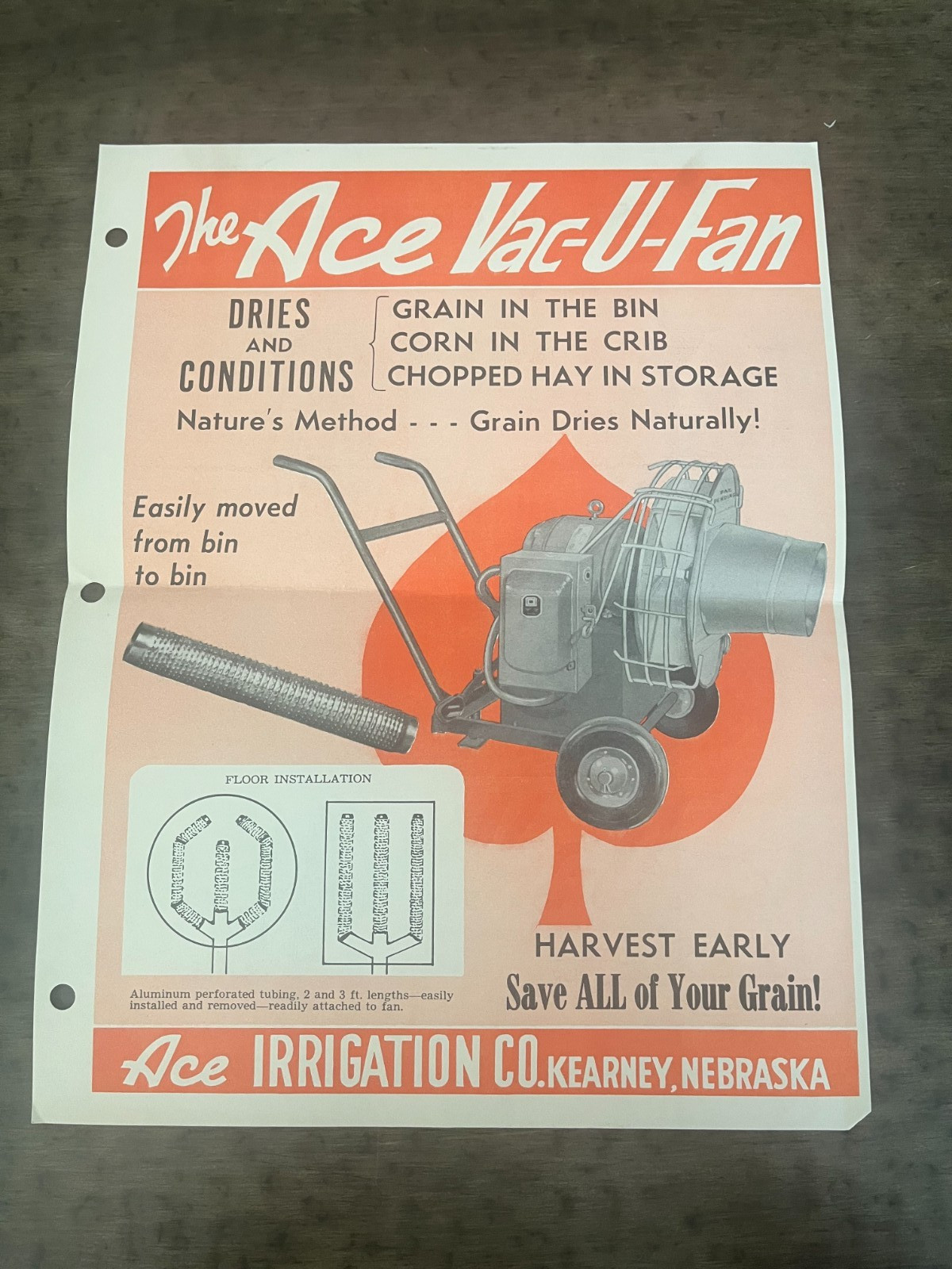 Vintage Ace Irrigation Co Vac-U-Fan Grain Advertising Sheet – Kearney Nebraska