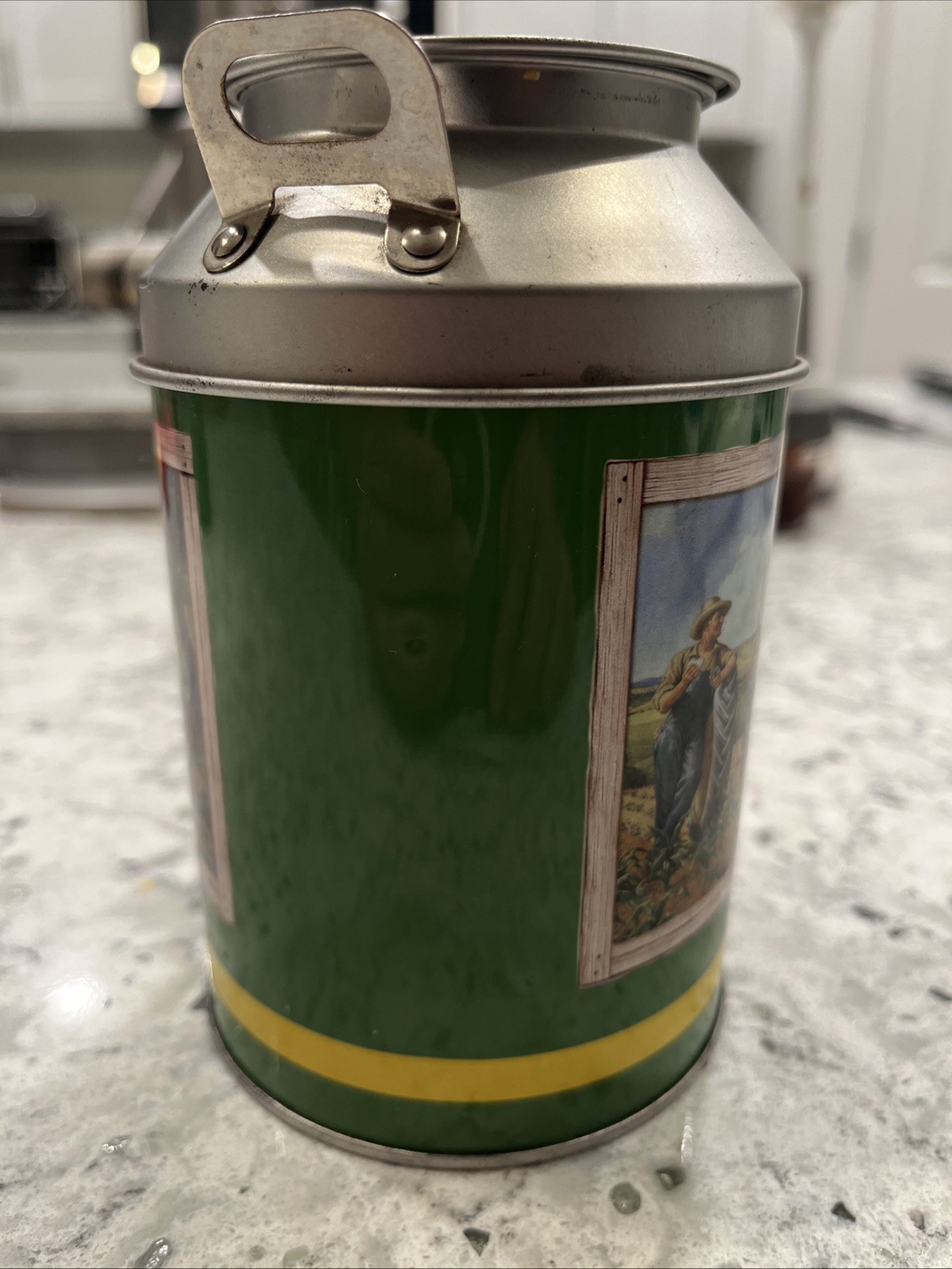John Deere Mini Tin, Milk Can Tin, Collector Farm Tractor Fishing Scene Decor