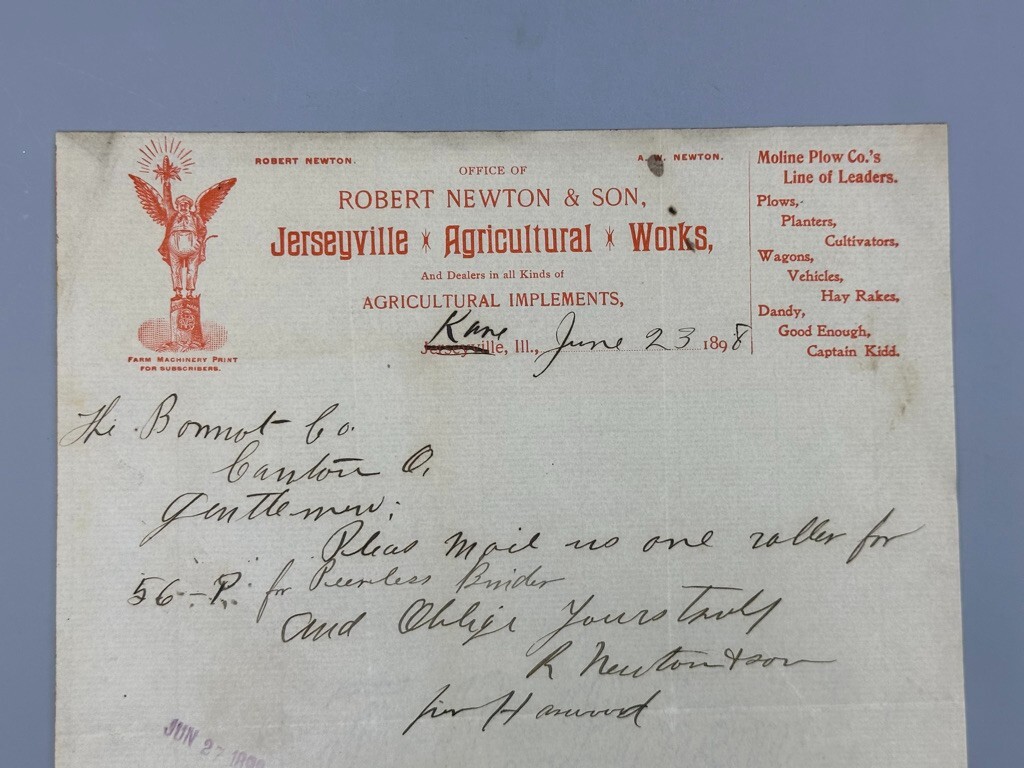 1898 JERSEYVILLE AGRICULTURAL WORKS Moline Plow Illinois FARM Advertising Letter