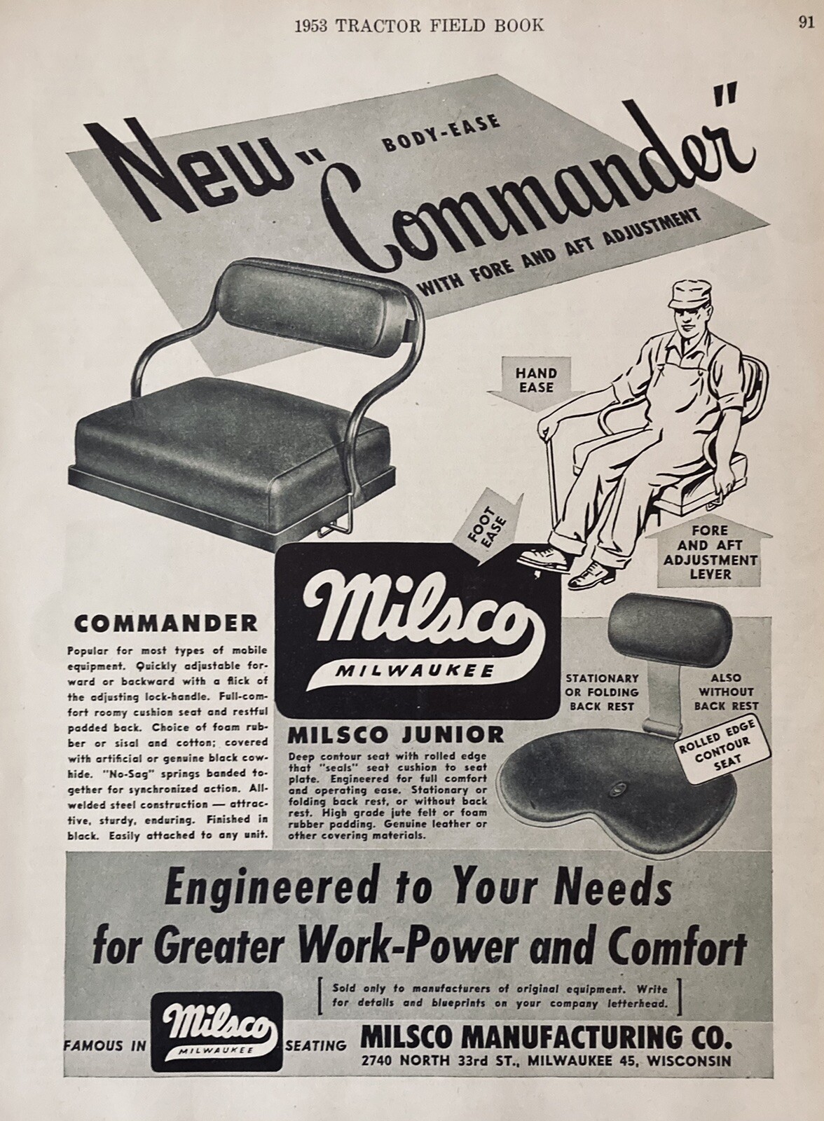 1953 AD.(XH21)~MILSCO MFG. CO. MILW., WIS. NEW COMMANDER TRACTOR SEATS