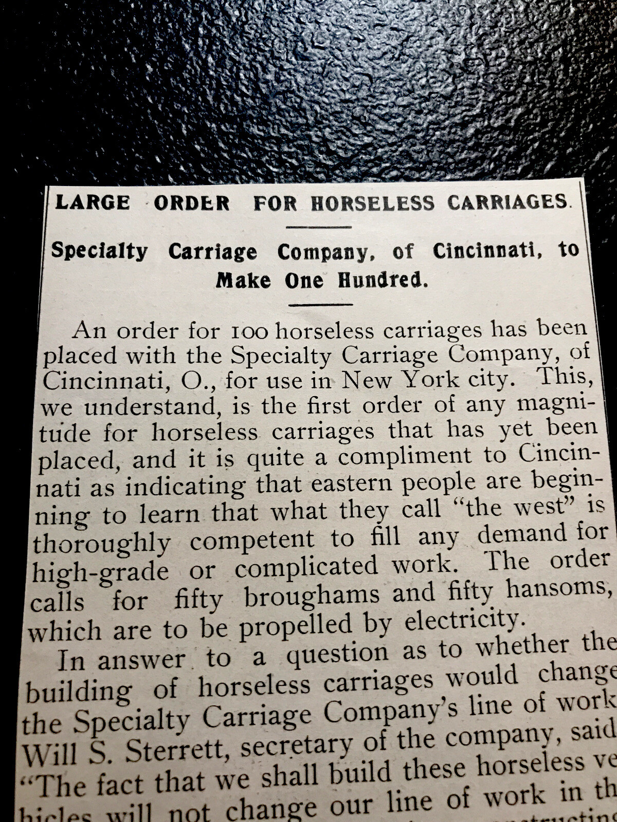 ORIGINAL 1897 Specialty Carriage Co. To Make 100 Wagons Article Cincinnati Ohio
