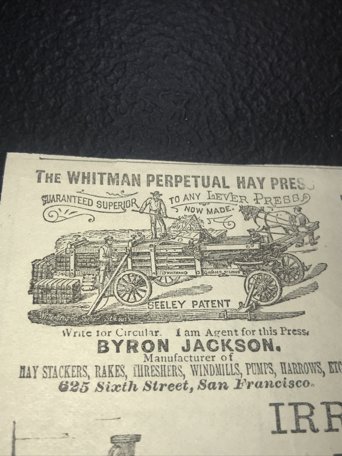 1886 Byron Jackson Farm Machinery Advertising – San Francisco – California