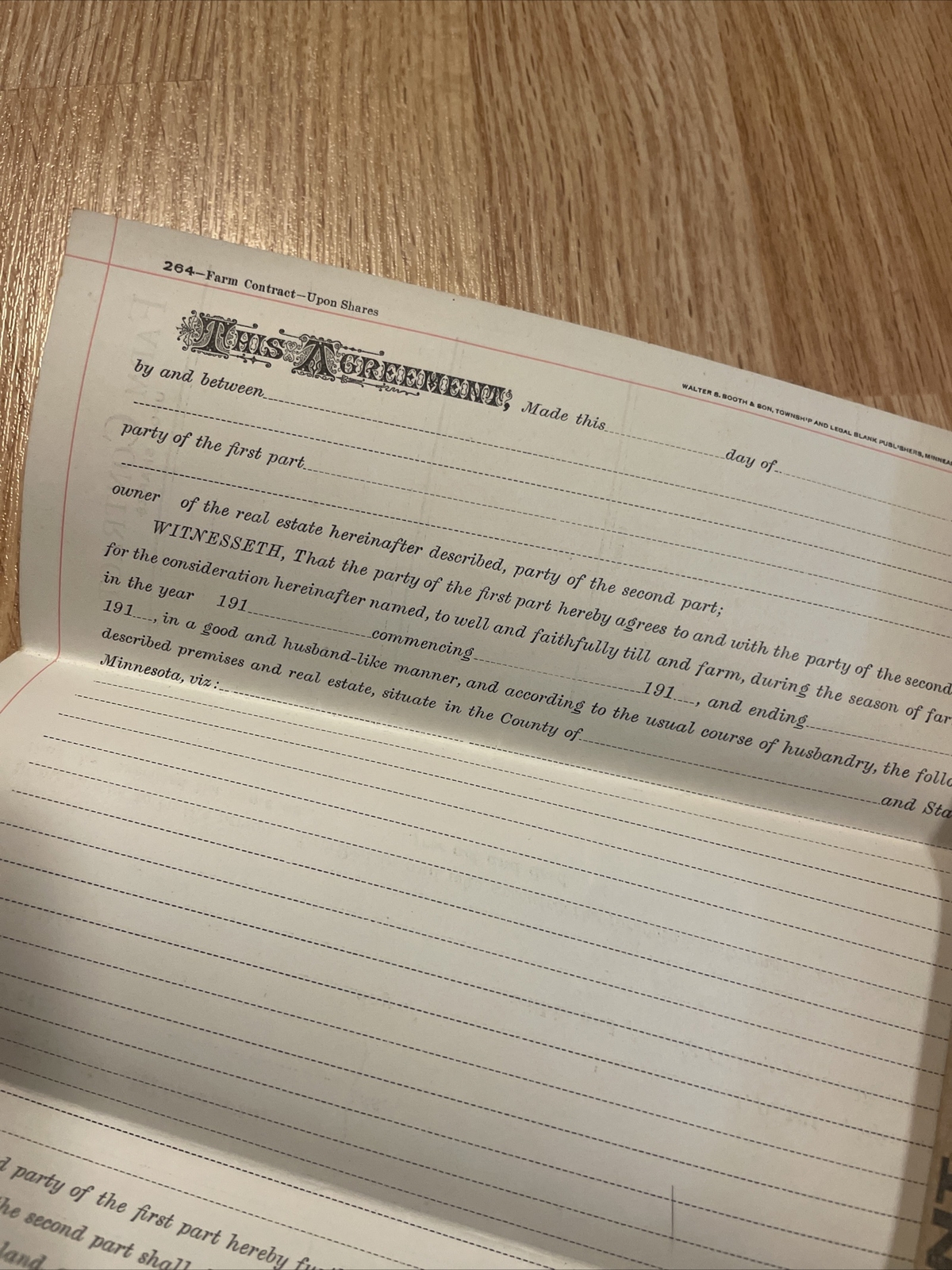 State Of Minnesota Farm Contract Early 1900’s