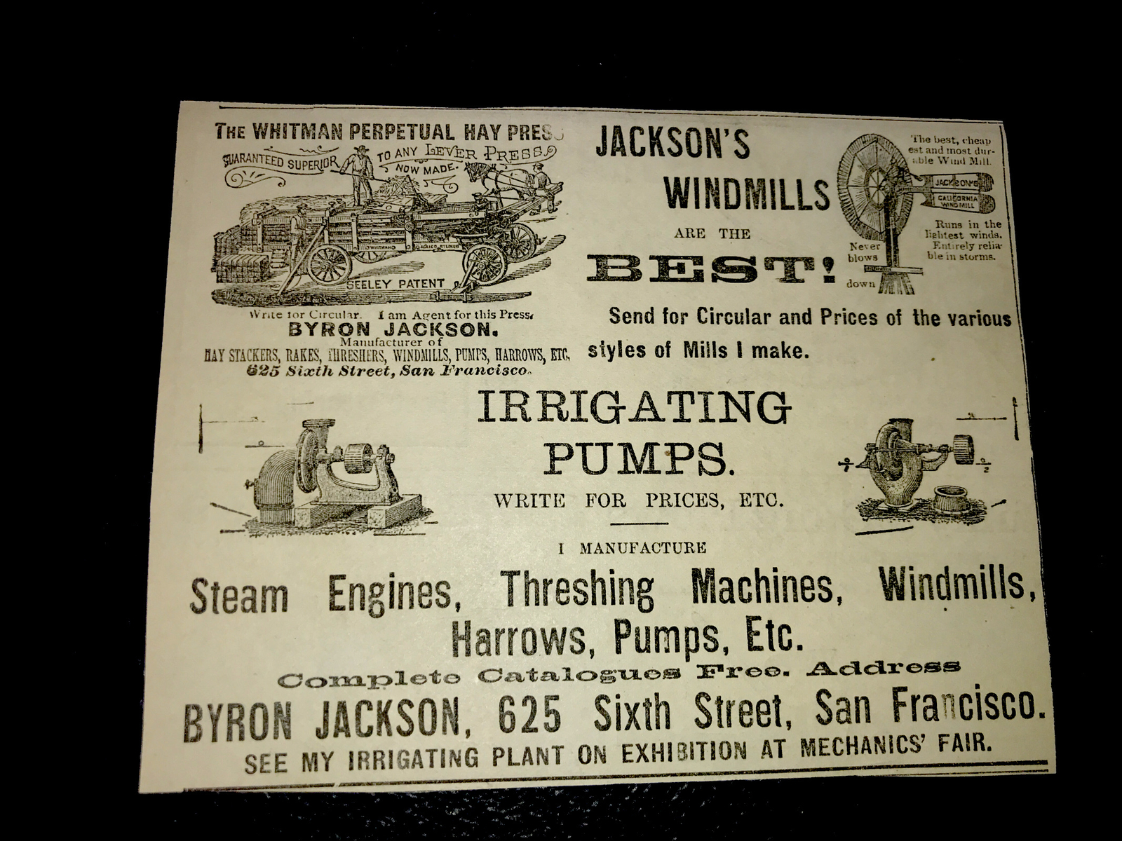 1886 Byron Jackson Farm Machinery Advertising – San Francisco – California