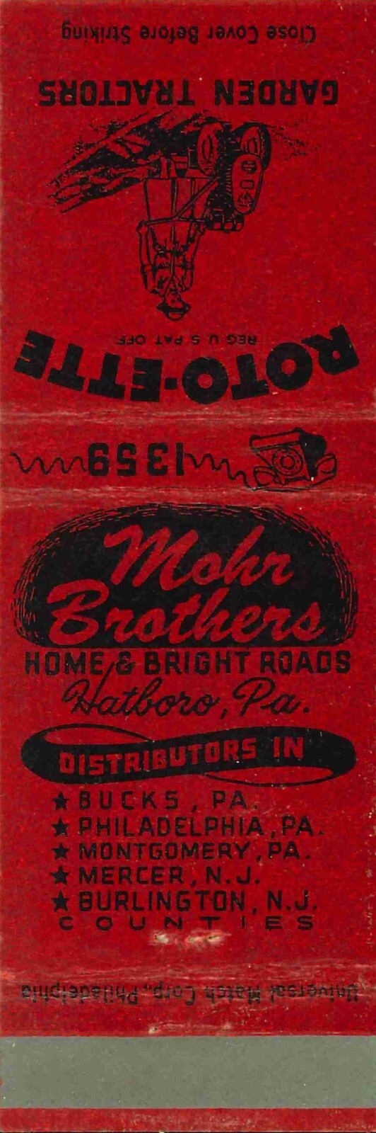 Matchbook Cover Roto Ette Garden Tractors Mohr Brothers Hatboro PA