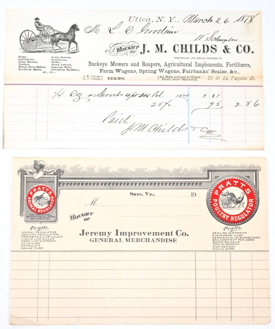 Antique Agricultural Receipts J M Childs Pratt’s Animal Regulator 1878 Ephemera