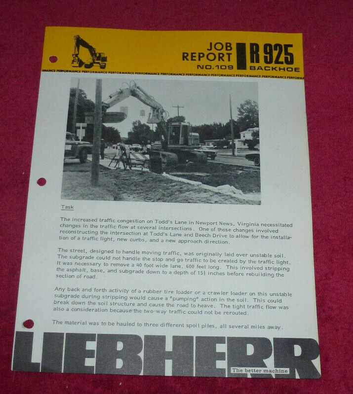 Vintage Liebherr Job Report #109 R925 Backhoe Todd&rsquo;s Lane Newport News VA