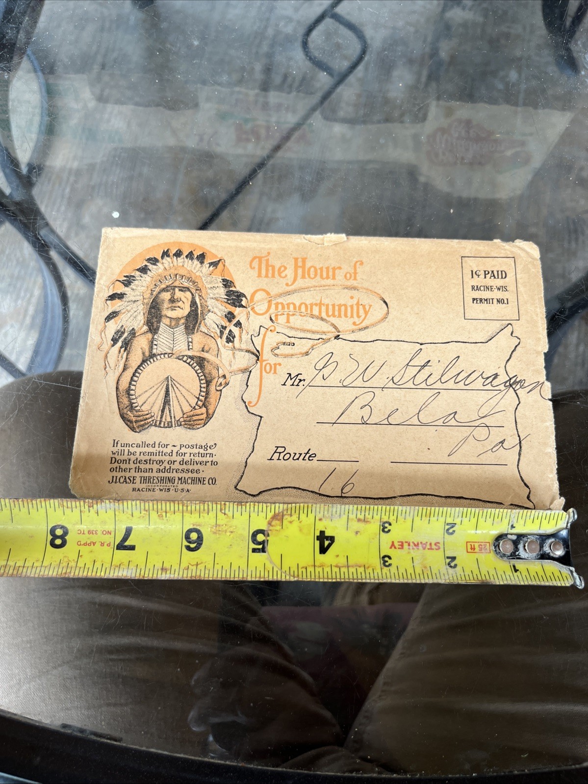 Antique J.I. Case Steam Tractor Engine Envelope, Bela Pa. Clarion Co., Indian
