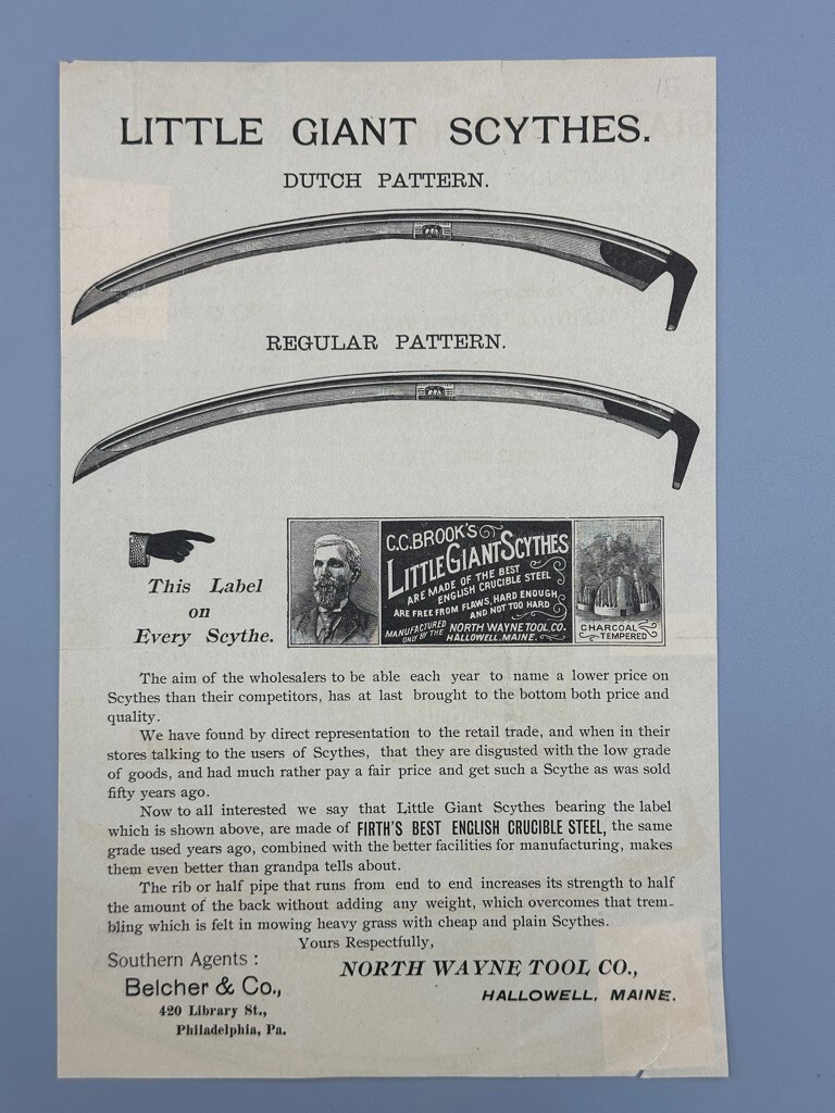 c1900 LITTLE GIANT SCYTHE Farm Advertise NORTH WAYNE TOOL Broadside HALLOWELL ME