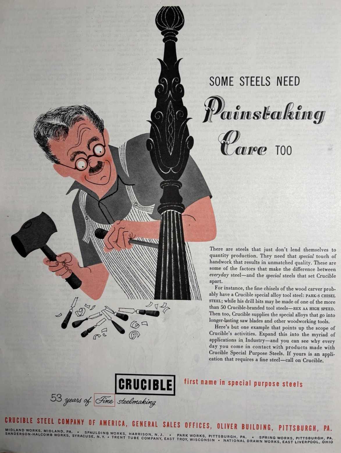 1953 Crucible Steel Company America Pittsburgh Handwork Care Alloy VTG Print Ad